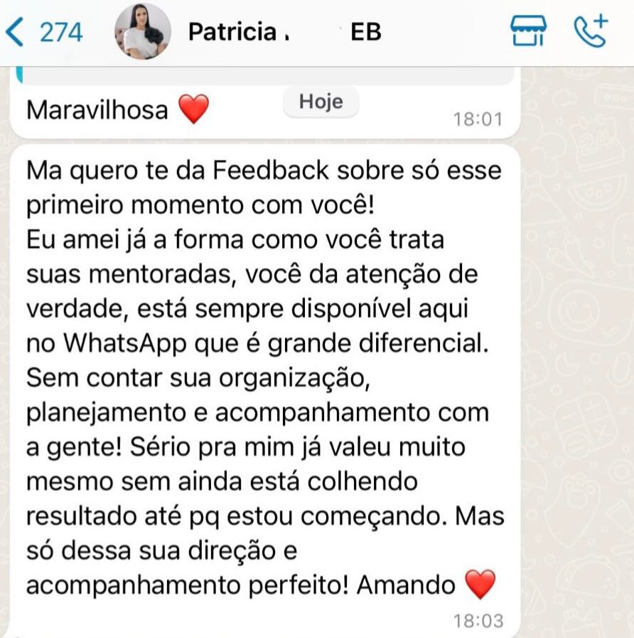 Mensagem de Patrícia sobre acompanhamento da mentoria