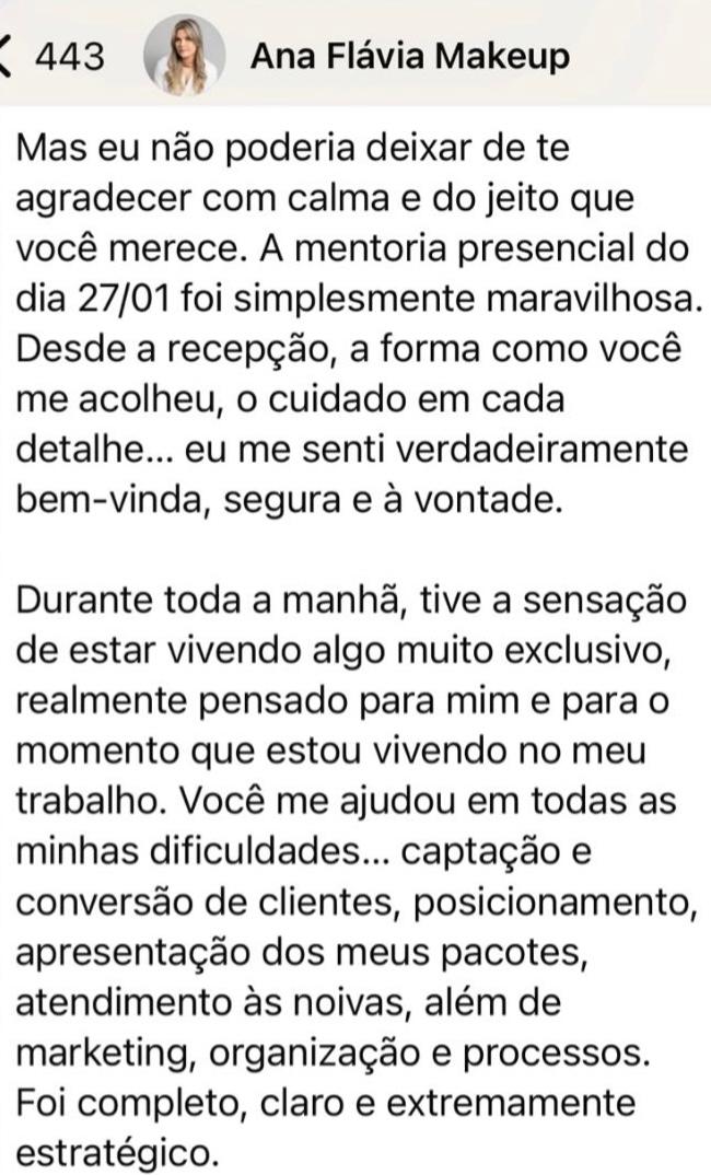 Mensagem de Ana Flávia sobre a mentoria presencial