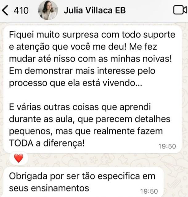 Mensagem de Julia Villaça sobre o suporte recebido