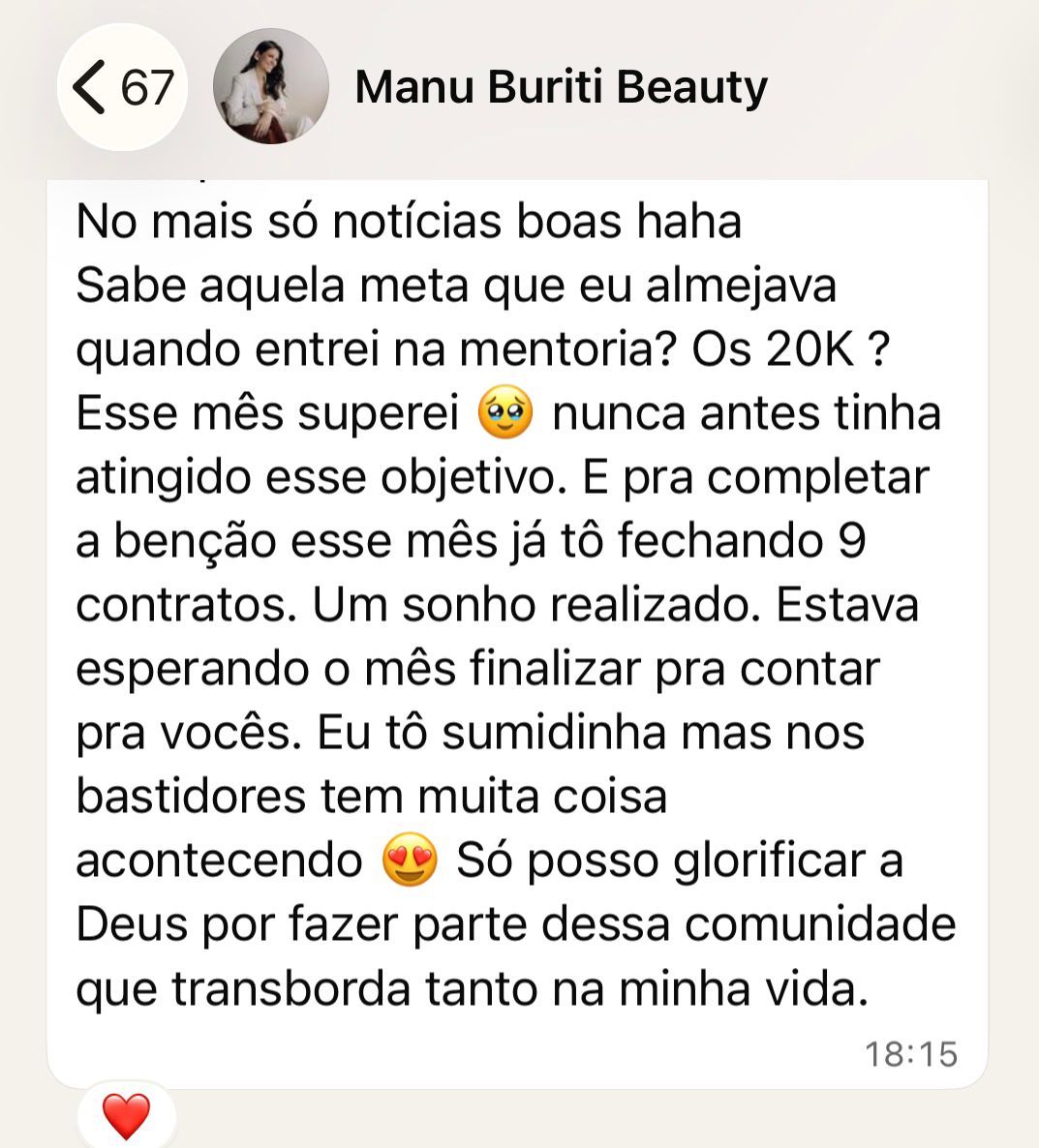 Mensagem de Manu Buriti celebrando 20 mil em faturamento
